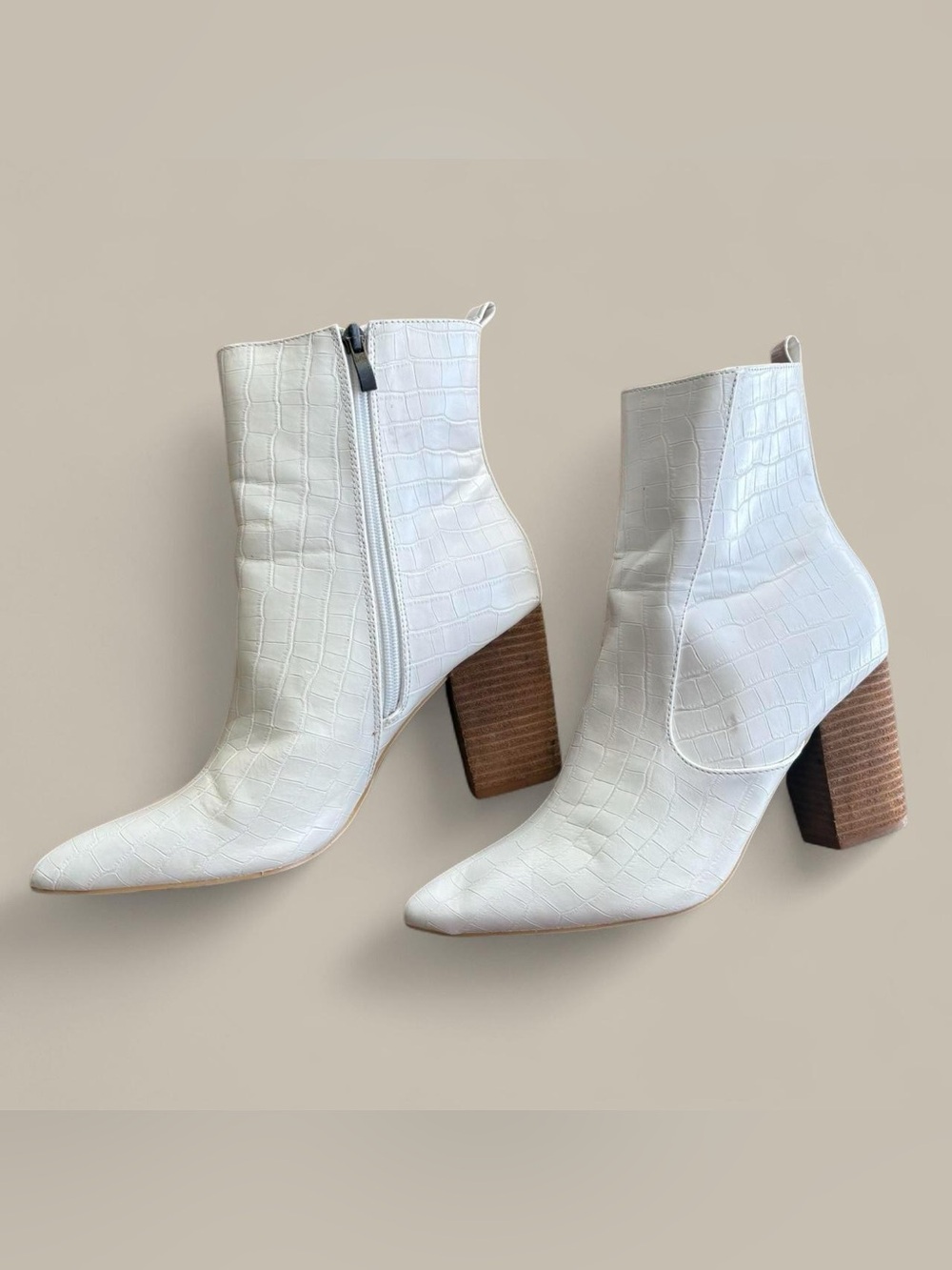 Vici White Croc-Embossed Pointed Toe Ankle Booties